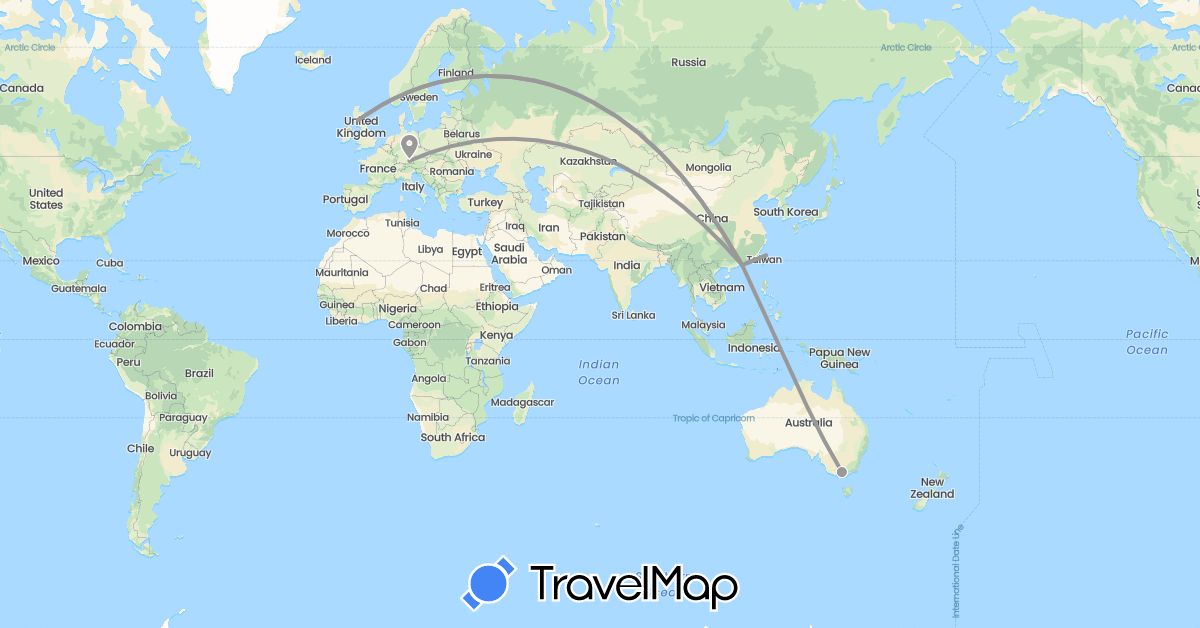 TravelMap itinerary: driving, plane in Australia, China, Germany, United Kingdom, Taiwan (Asia, Europe, Oceania)